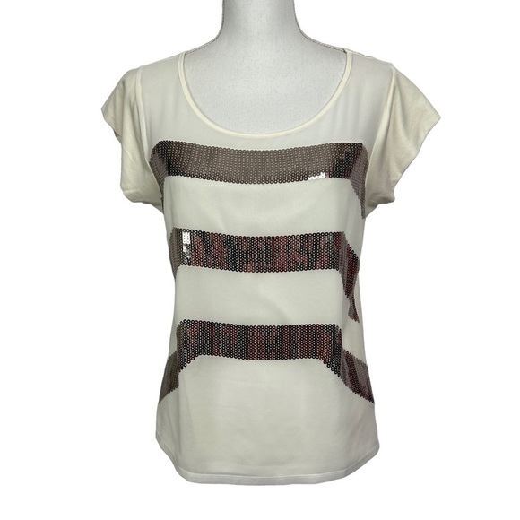 Express Women’s Top Sz Small Petite Ivory Metallic Bling Sequins Party/Cocktail - Picture 1 of 11
